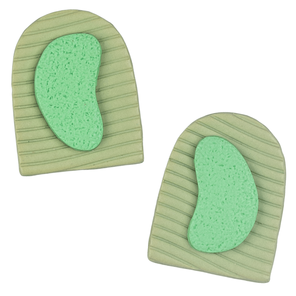 The Presence Earrings by Héloïse Jewelry are handcrafted in two layers using polymer clay. Each piece features a sophisticated sage arch and a vibrant neon accent. These distinctive statement studs with sterling silver posts blend architectural design with professional style.