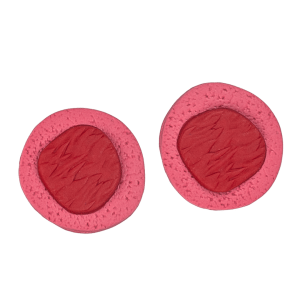 Handcrafted two-tier polymer clay earrings by Héloïse Artisanal Jewelry featuring auburn and pink tones. These quarter-sized statement studs combine architectural layering with professional elegance. Available in two color arrangements.