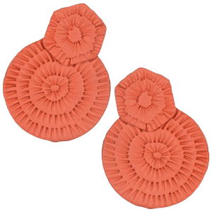 Handcrafted oversized polymer clay studs by Héloïse Jewelry featuring a circular base with a hexagonal accent in burnt sienna. These distinctive layered pieces combine architectural design with professional elegance. Perfect for a sophisticated statement style.