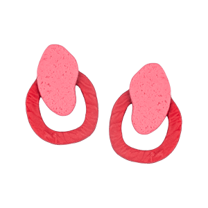 Handcrafted polymer clay studs by Héloïse Jewelry featuring a textured pink form intersecting with a red geometric frame. These distinctive pieces blend structural and organic elements with professional sophistication. Perfect for contemporary style.